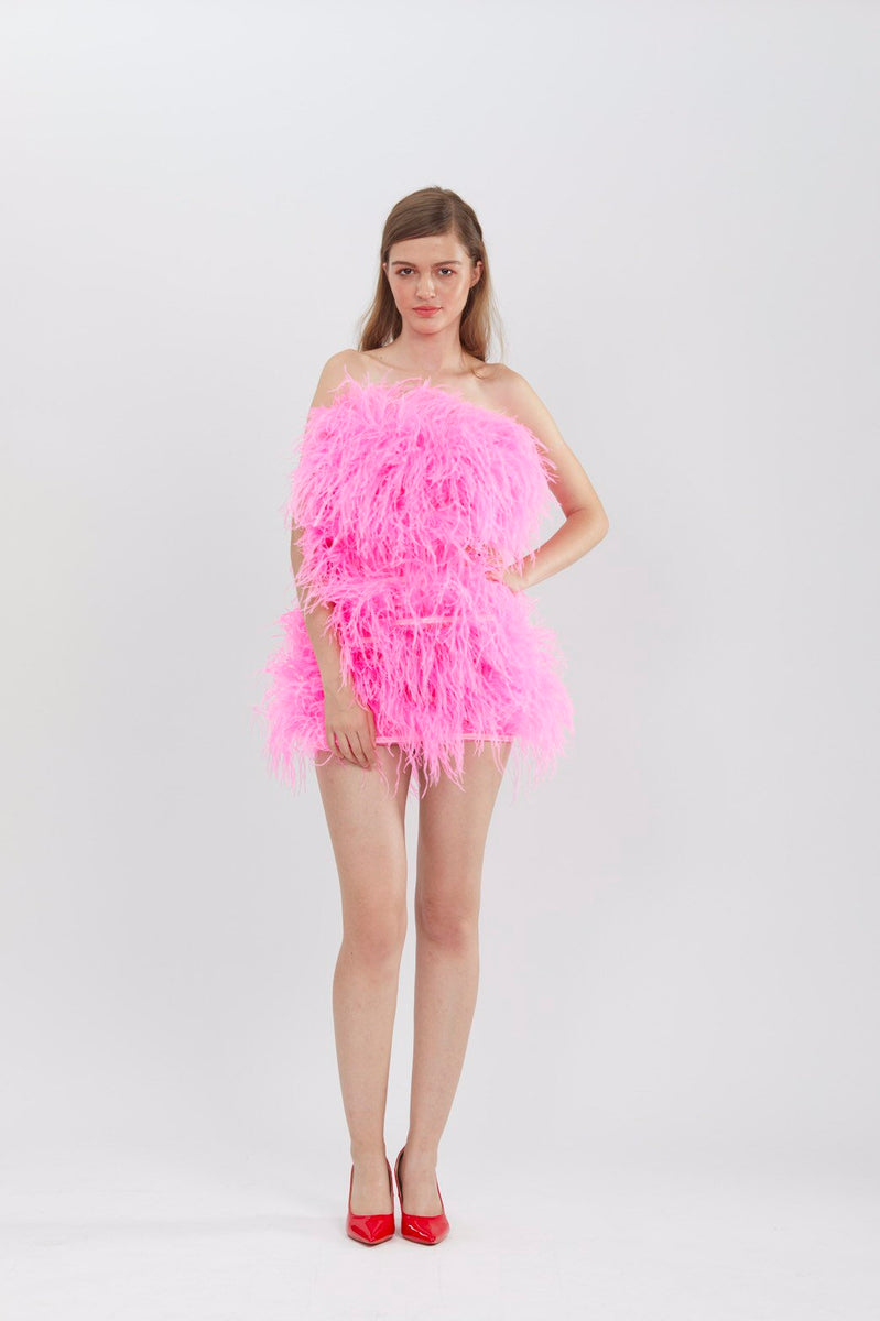 SGinstar Aston Shocking Pink Ostrich Feather Dress ,Feather Prom Dress, Feather Cocktail Dress Feather Wedding Dress Feather Pink Dress