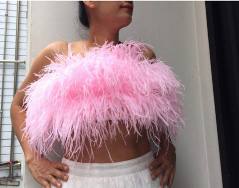 Ray light pink crop top trimmed with black feathers