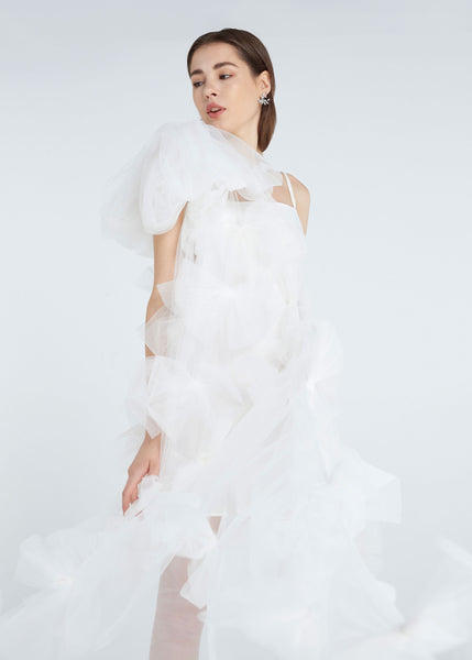 Brodie white bow tulle long tail dress for  women