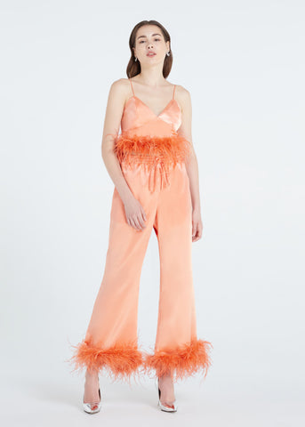 SGinstar Orange feathers boas crop top and  pant for women